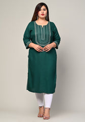 Plus Size Green Cotton Blend Embroidered Straight Kurta-246