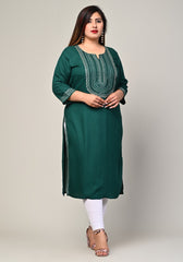 Plus Size Green Cotton Blend Embroidered Straight Kurta-246