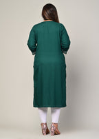 Plus Size Green Cotton Blend Embroidered Straight Kurta-246