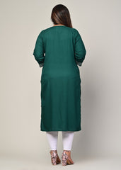 Plus Size Green Cotton Blend Embroidered Straight Kurta-246