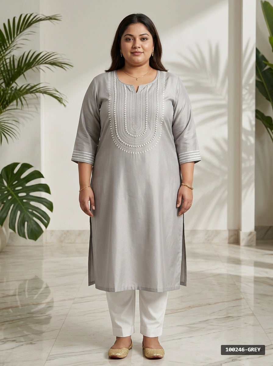 Plus Size Grey Rayon Embroidered Straight Kurta-100246