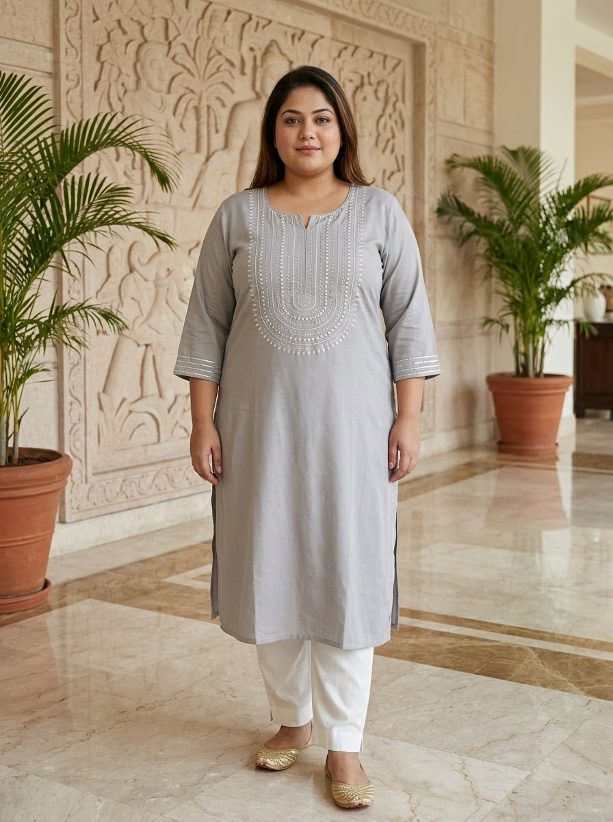 Plus Size Grey Rayon Embroidered Straight Kurta-100246