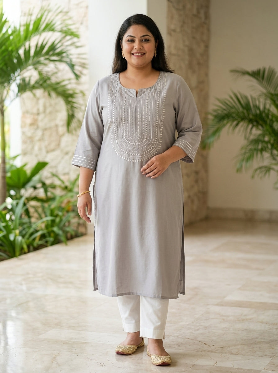 Plus Size Grey Rayon Embroidered Straight Kurta-100246