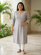 Plus Size Grey Rayon Embroidered Straight Kurta-100246