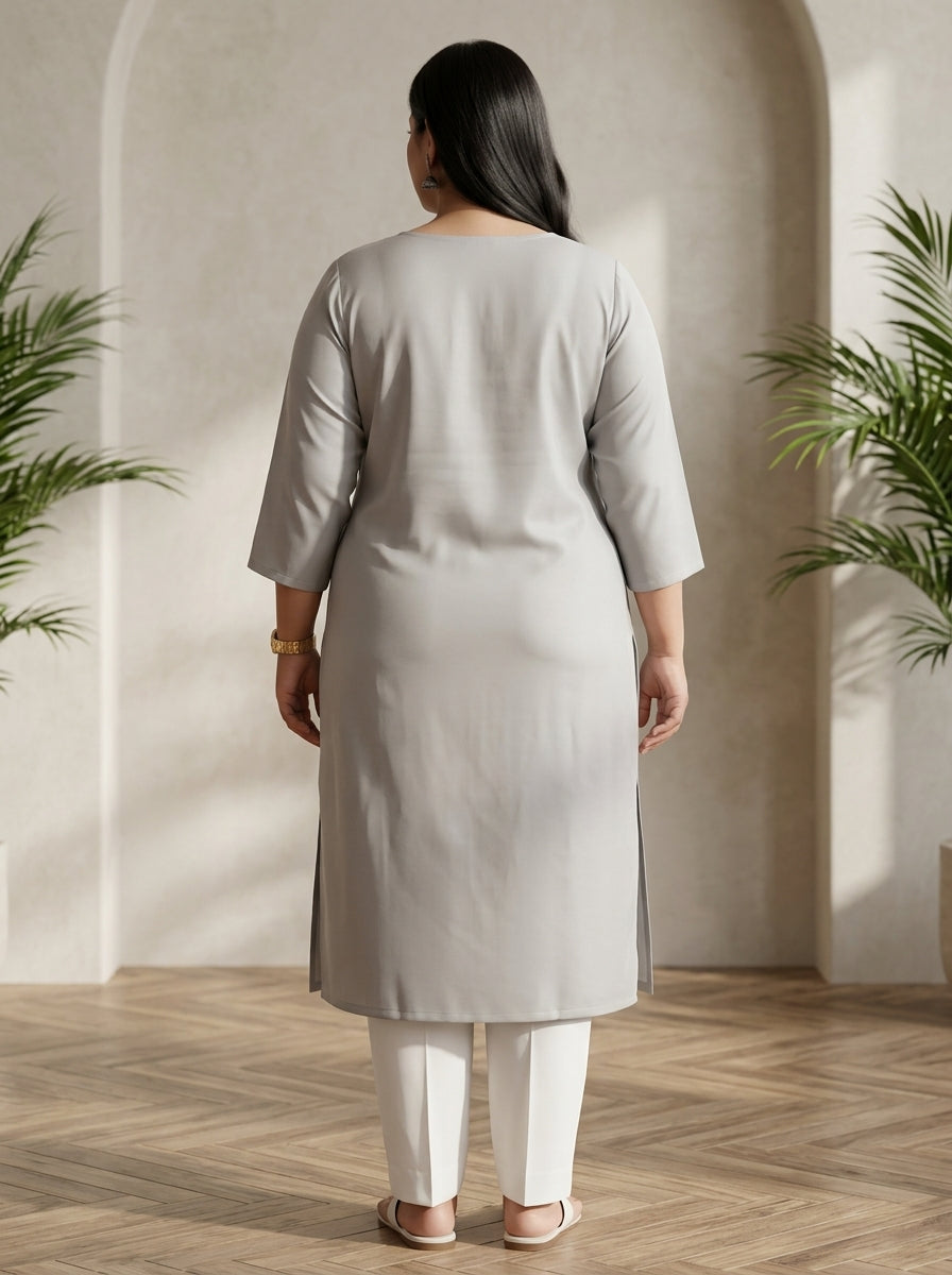 Plus Size Grey Rayon Embroidered Straight Kurta-100246