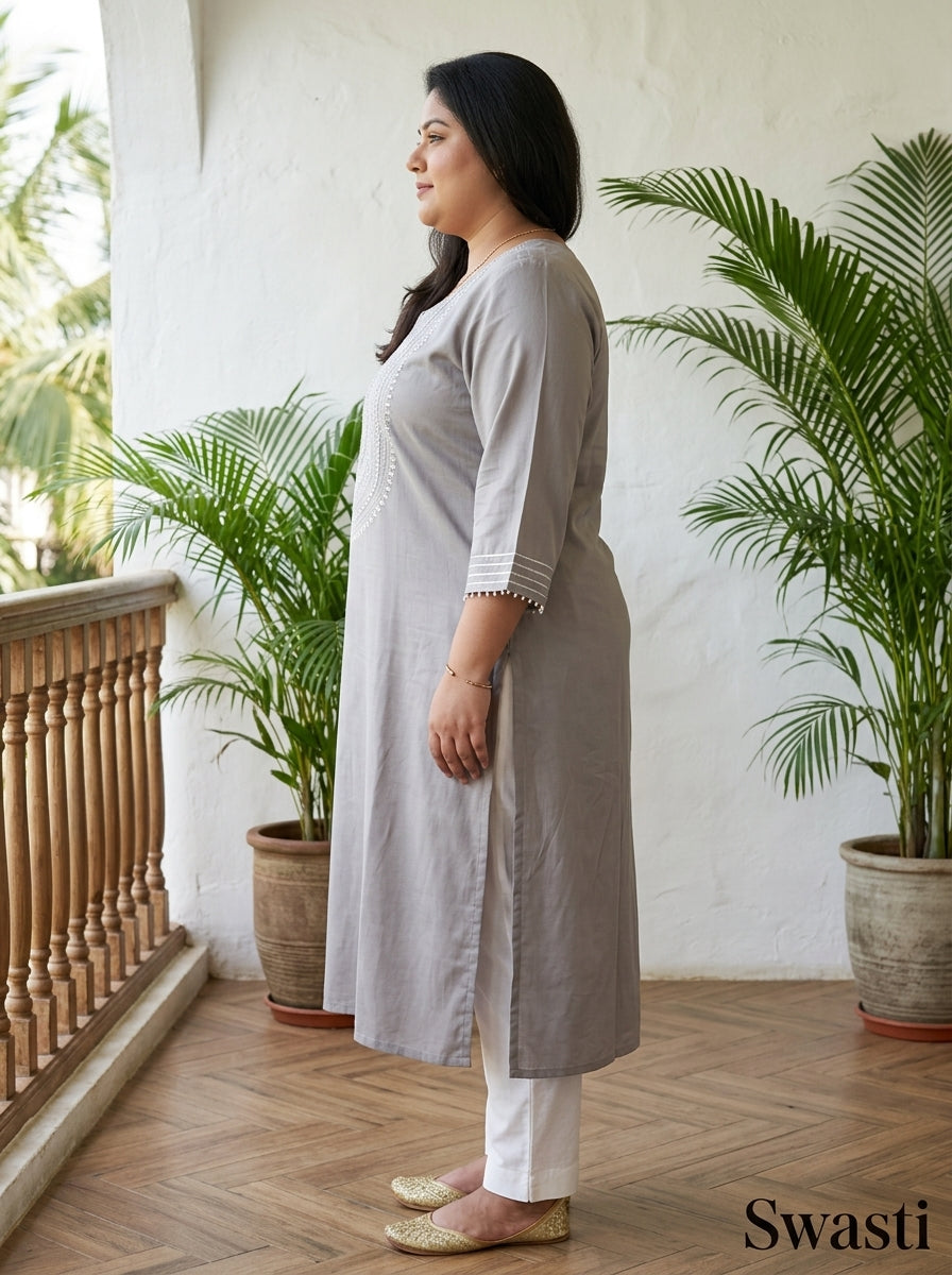 Plus Size Grey Rayon Embroidered Straight Kurta-100246