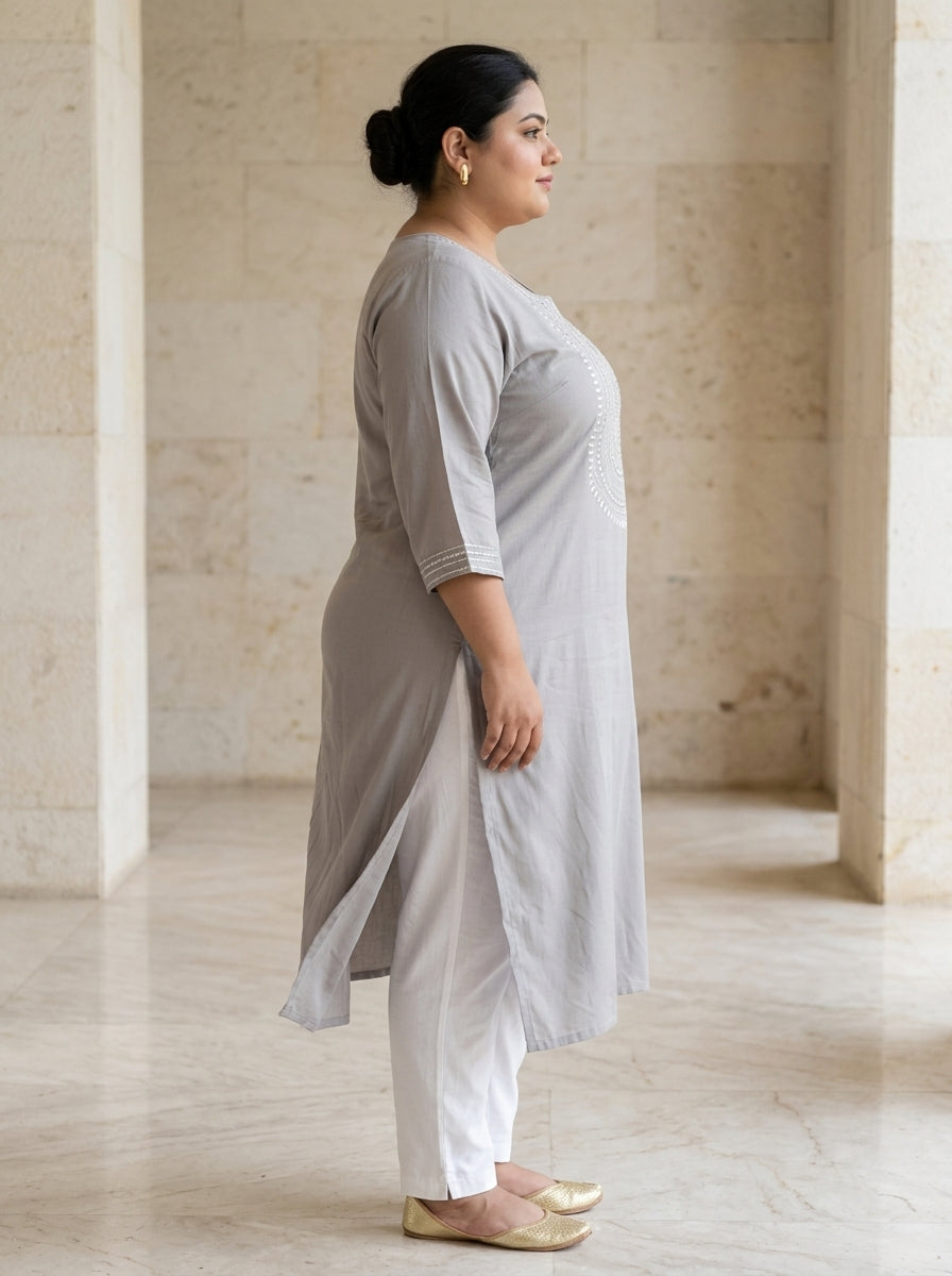 Plus Size Grey Rayon Embroidered Straight Kurta-100246