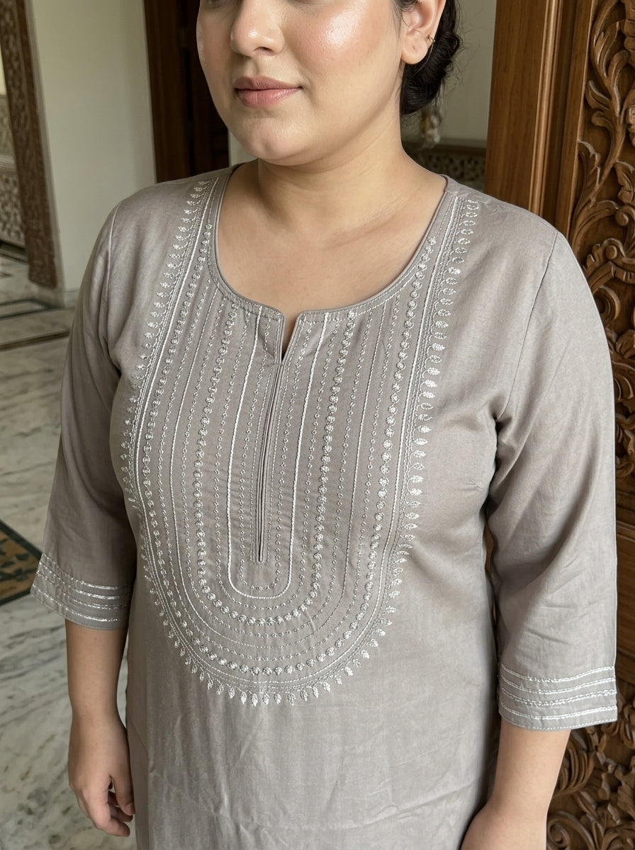 Plus Size Grey Rayon Embroidered Straight Kurta-100246