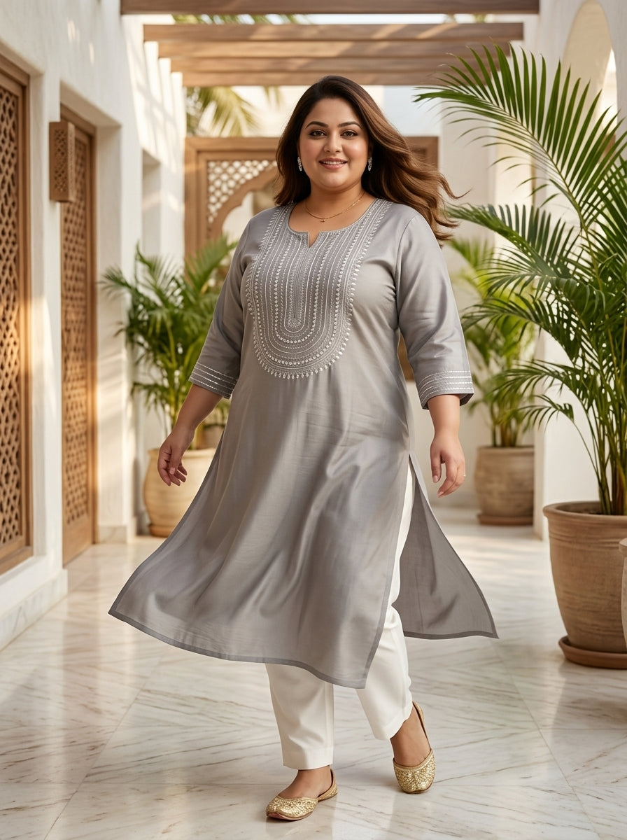 Plus Size Grey Rayon Embroidered Straight Kurta-100246 Main image