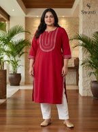Plus Size Maroon Rayon Embroidered Straight Kurta-100246