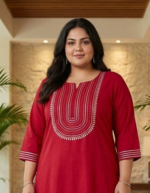 Plus Size Maroon Rayon Embroidered Straight Kurta-100246
