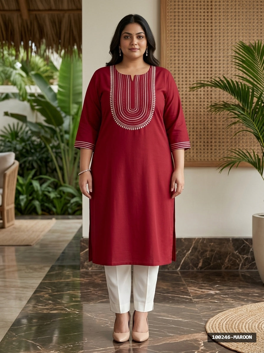 Plus Size Maroon Rayon Embroidered Straight Kurta-100246