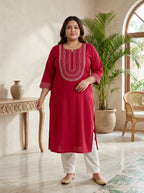 Plus Size Maroon Rayon Embroidered Straight Kurta-100246