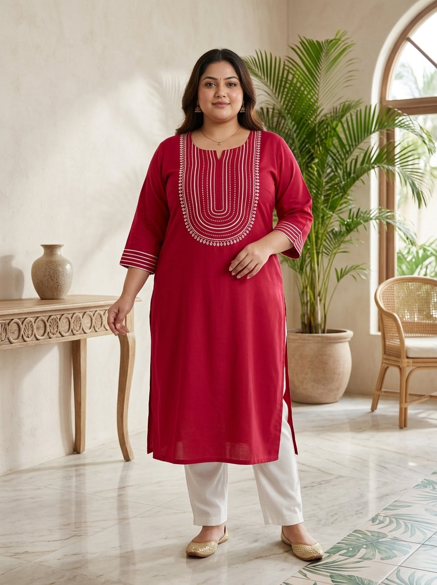 Plus Size Maroon Rayon Embroidered Straight Kurta-100246