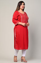 Plus Size Red Cotton Blend Embroidered Straight Kurta-246