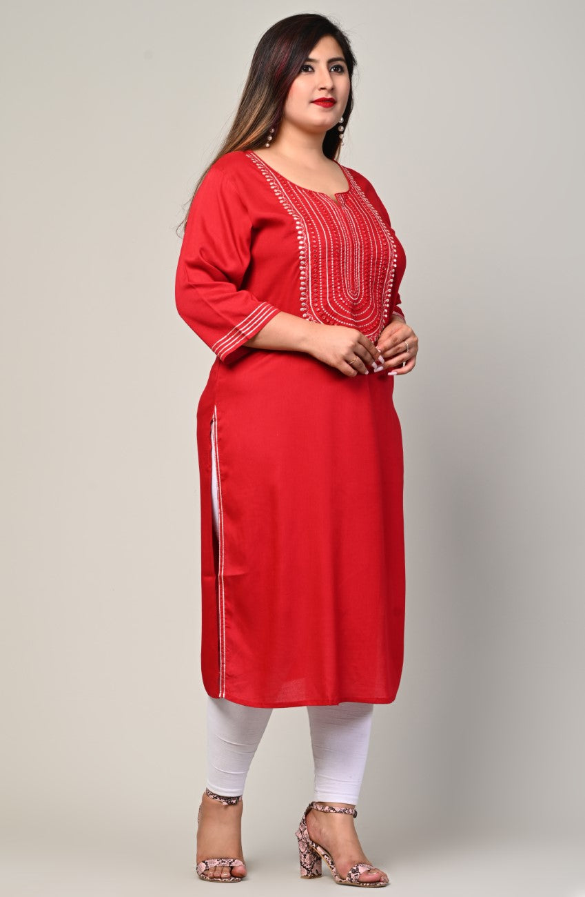 Plus Size Red Cotton Blend Embroidered Straight Kurta-246