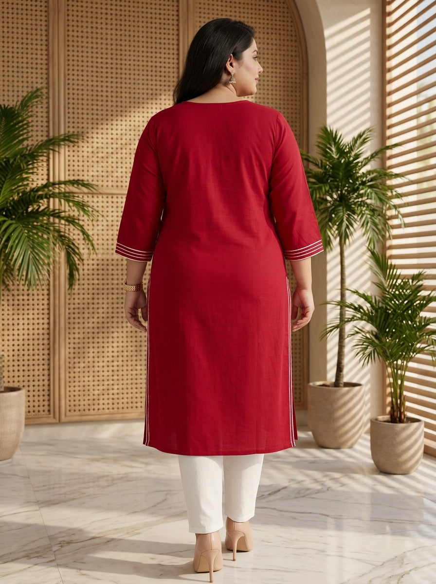 Plus Size Maroon Rayon Embroidered Straight Kurta-100246
