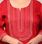 Plus Size Red Cotton Blend Embroidered Straight Kurta-246
