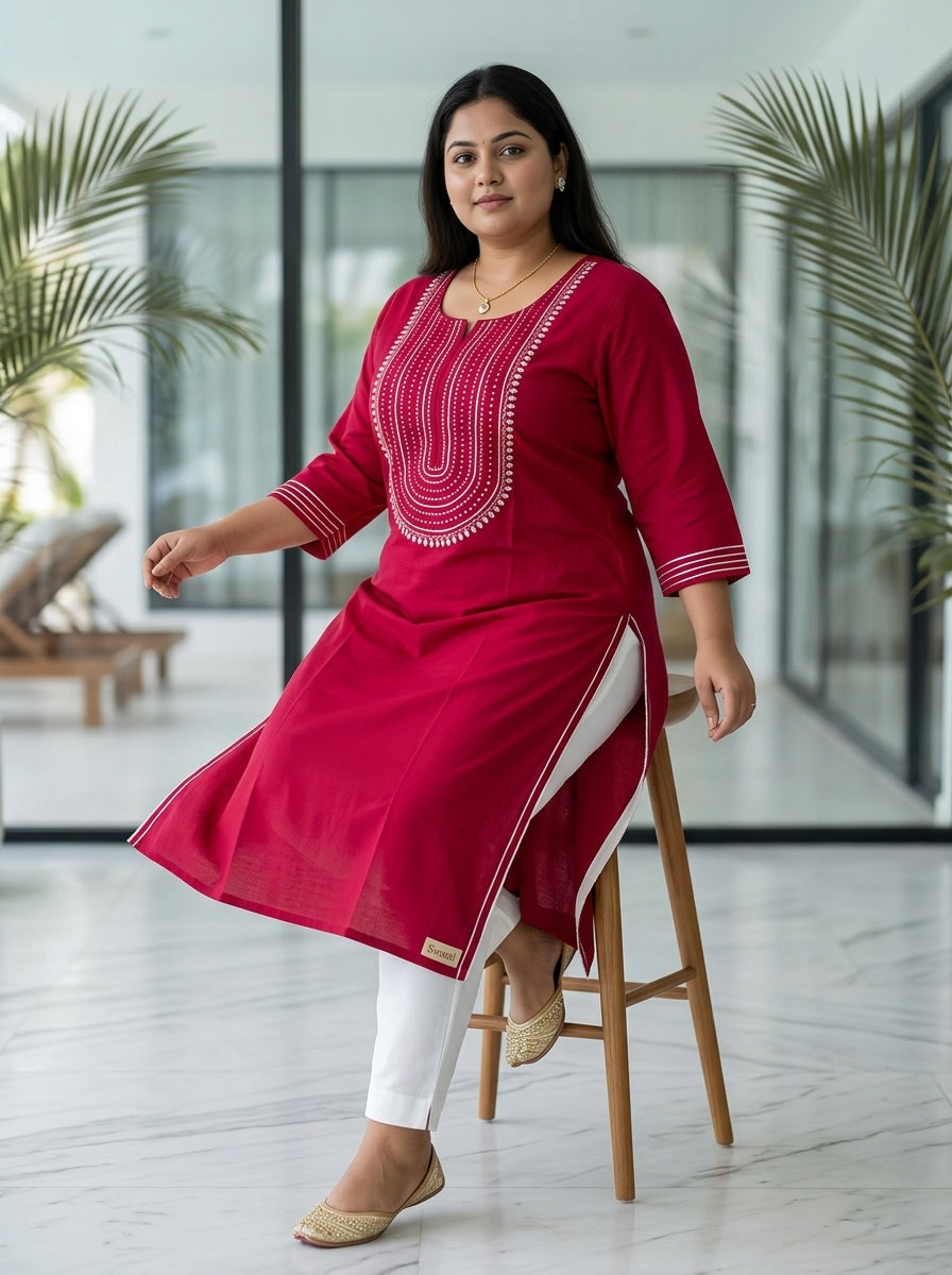 Plus Size Maroon Rayon Embroidered Straight Kurta-100246