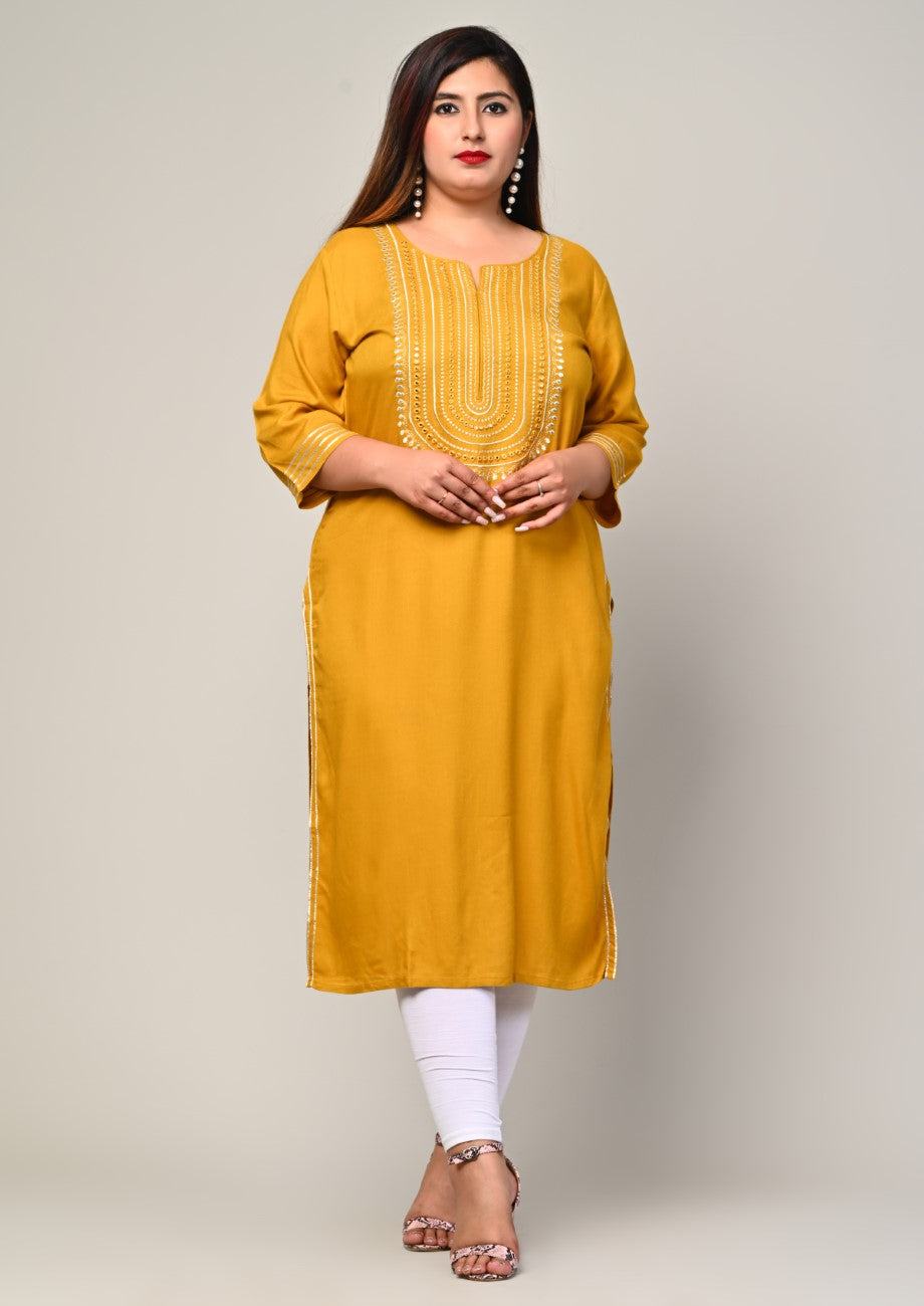 Plus Size Yellow Cotton Blend Blend Embroidered Straight Kurta-246 Secondary image