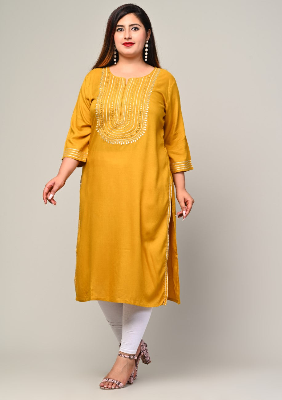 Plus Size Yellow Cotton Blend Blend Embroidered Straight Kurta-246