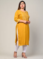 Plus Size Yellow Cotton Blend Blend Embroidered Straight Kurta-246