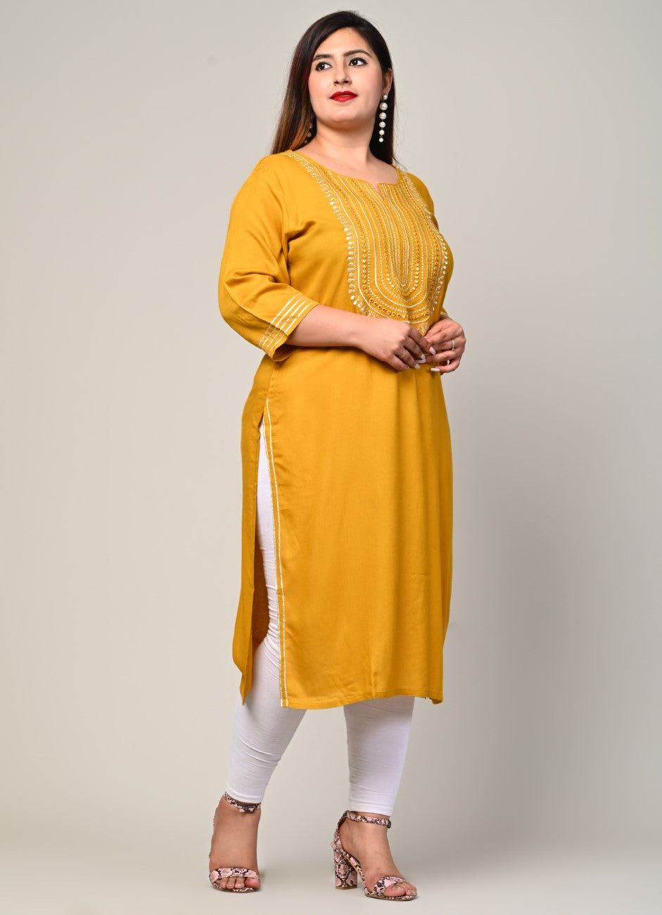 Plus Size Yellow Cotton Blend Blend Embroidered Straight Kurta-246