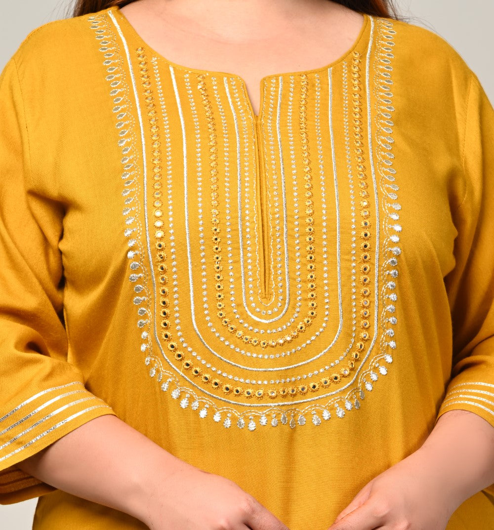 Plus Size Yellow Cotton Blend Blend Embroidered Straight Kurta-246