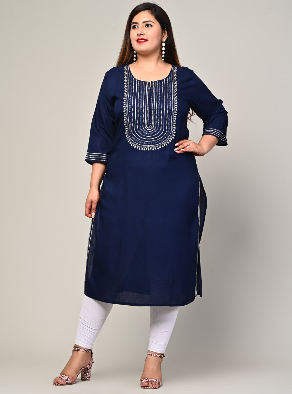 Plus Size Blue Cotton Blend Embroidered Straight Kurta-246