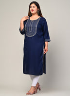 Plus Size Blue Cotton Blend Embroidered Straight Kurta-246