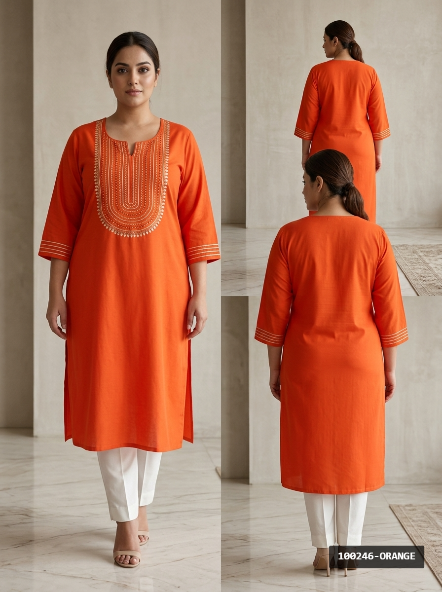 Orange Rayon Embroidered Straight Kurta Plus Size-100246