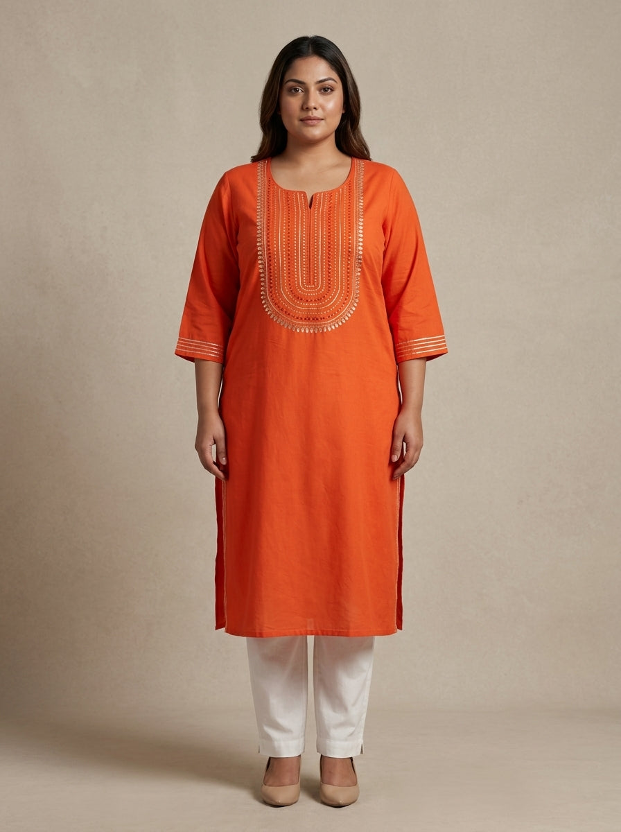 Orange Rayon Embroidered Straight Kurta Plus Size-100246