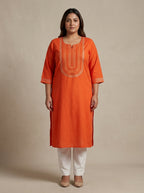 Orange Rayon Embroidered Straight Kurta Plus Size-100246
