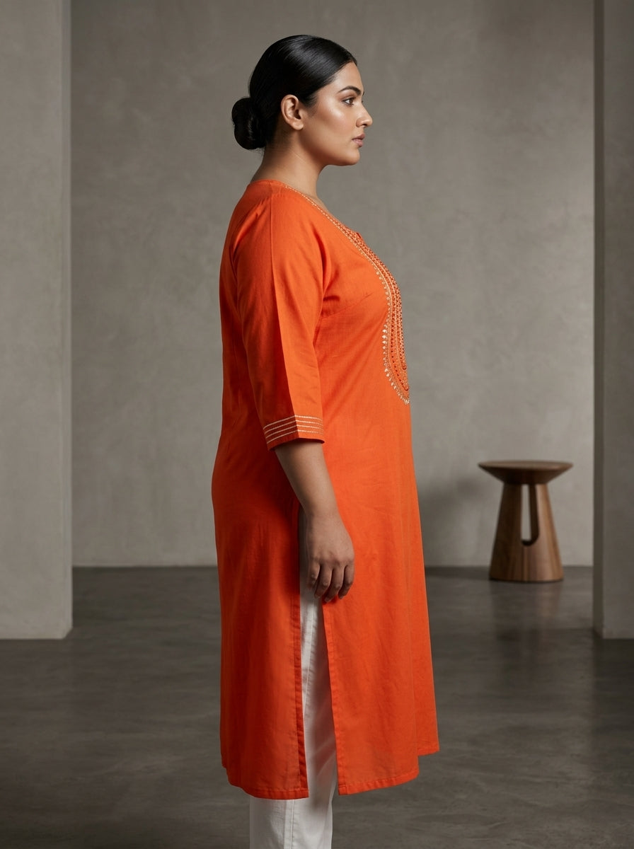 Orange Rayon Embroidered Straight Kurta Plus Size-100246