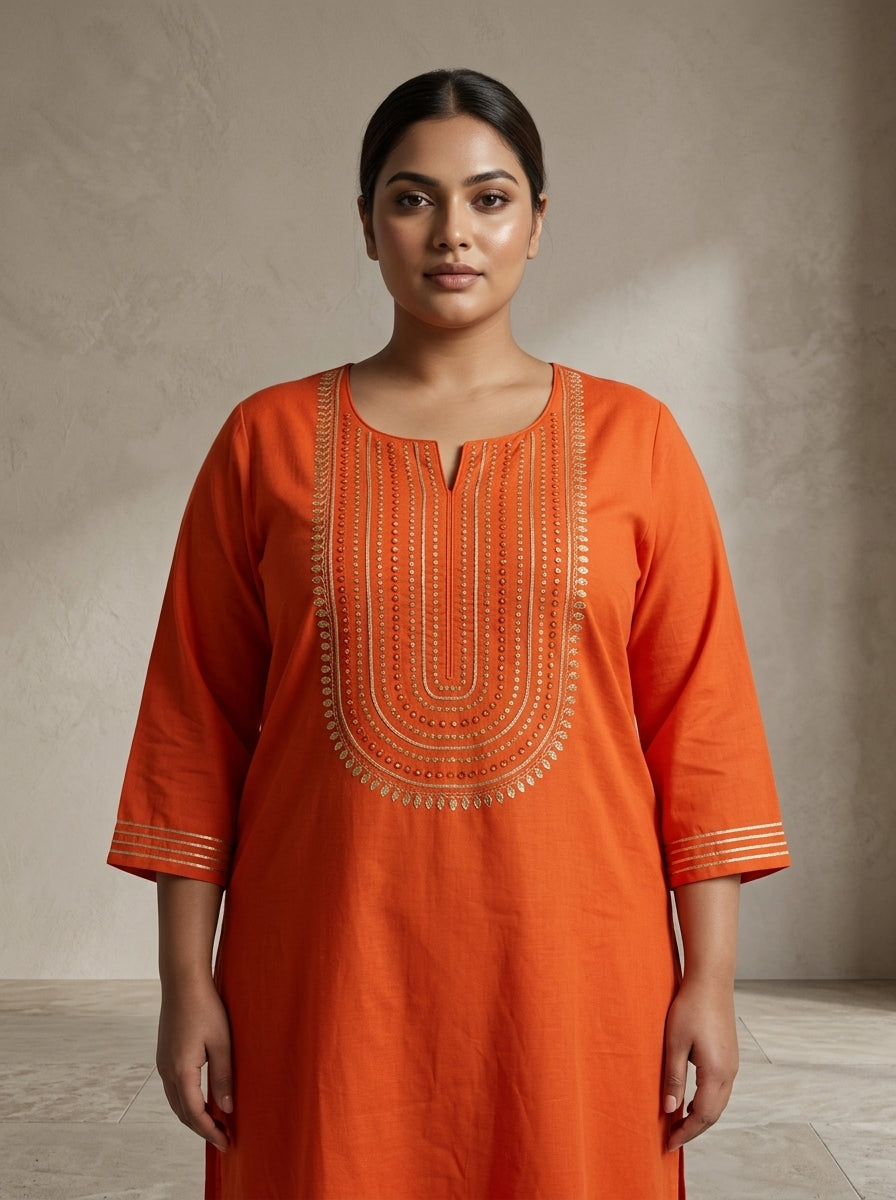 Orange Rayon Embroidered Straight Kurta Plus Size-100246