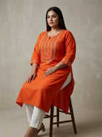 Orange Rayon Embroidered Straight Kurta Plus Size-100246