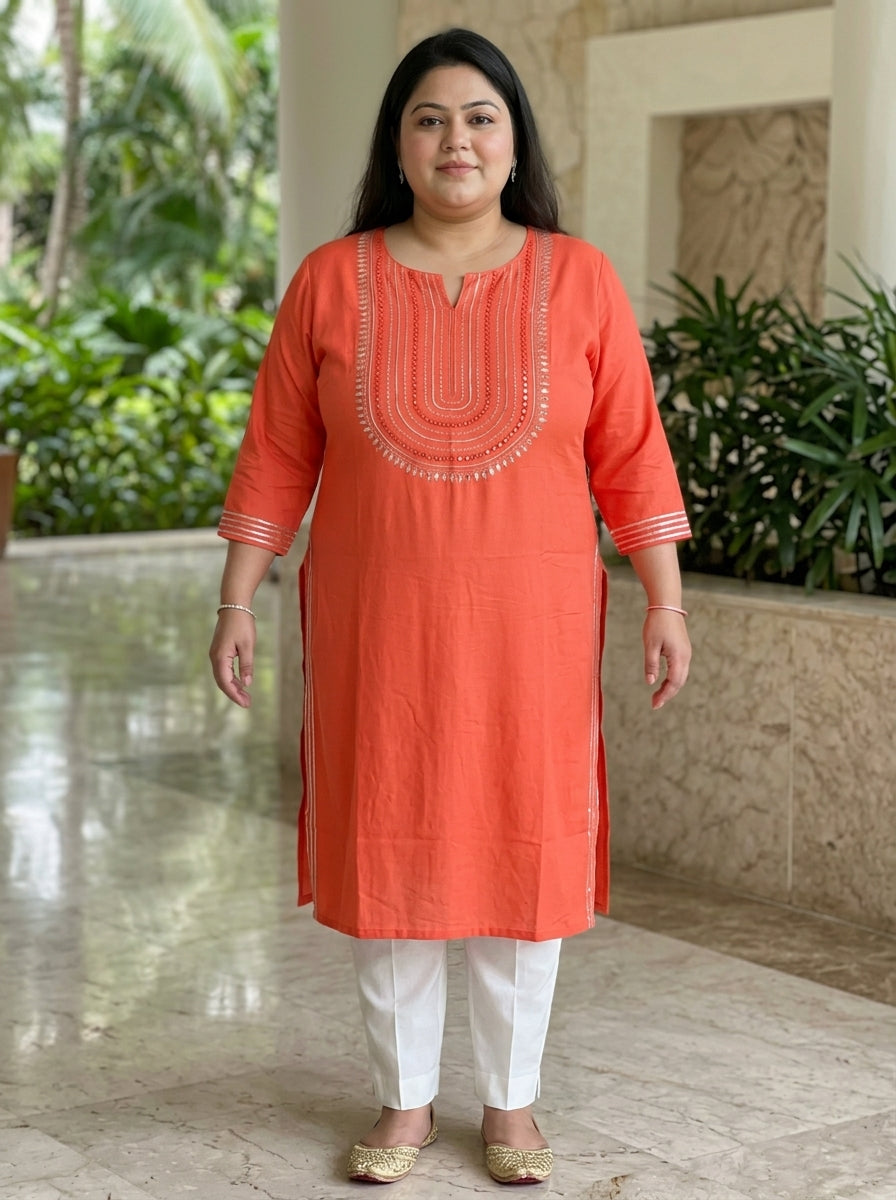 Plus Size Peach Rayon Embroidered Straight Kurta-100246
