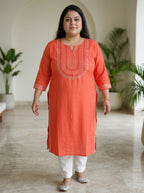 Plus Size Peach Rayon Embroidered Straight Kurta-100246