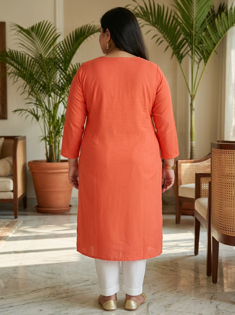 Plus Size Peach Rayon Embroidered Straight Kurta-100246