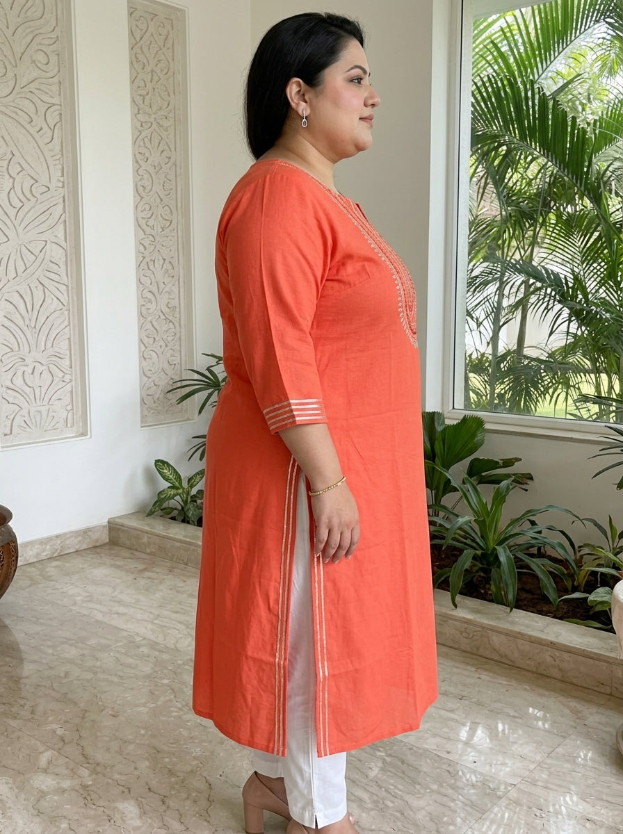 Plus Size Peach Rayon Embroidered Straight Kurta-100246