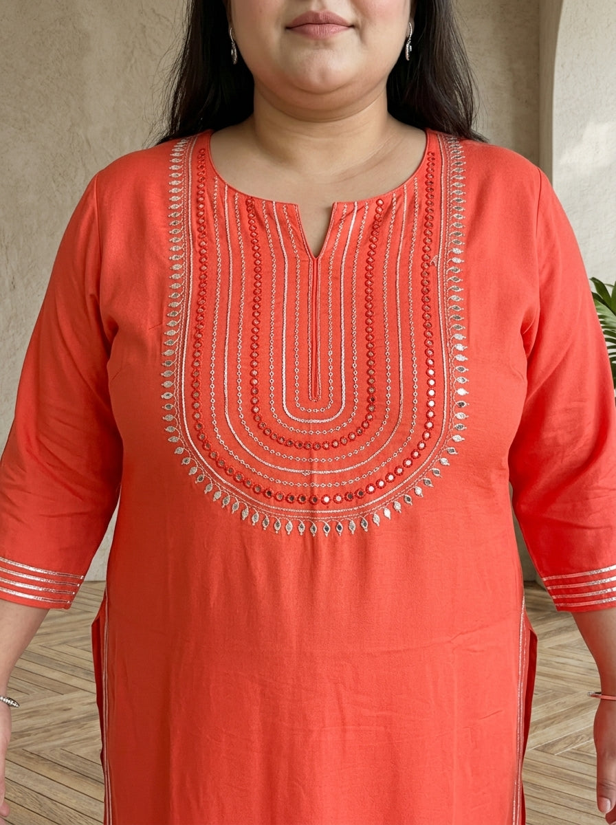 Plus Size Peach Rayon Embroidered Straight Kurta-100246
