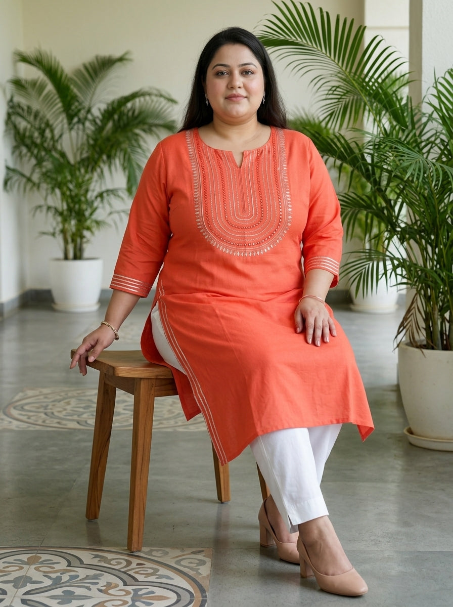 Plus Size Peach Rayon Embroidered Straight Kurta-100246