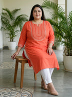 Plus Size Peach Rayon Embroidered Straight Kurta-100246