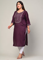 Plus Size Purple Cotton Blend Embroidered Straight Kurta-246