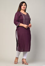 Plus Size Purple Cotton Blend Embroidered Straight Kurta-246