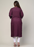 Plus Size Purple Cotton Blend Embroidered Straight Kurta-246