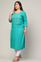 Plus Size Turquoise Cotton Blend  Embroidered Straight Kurta-246
