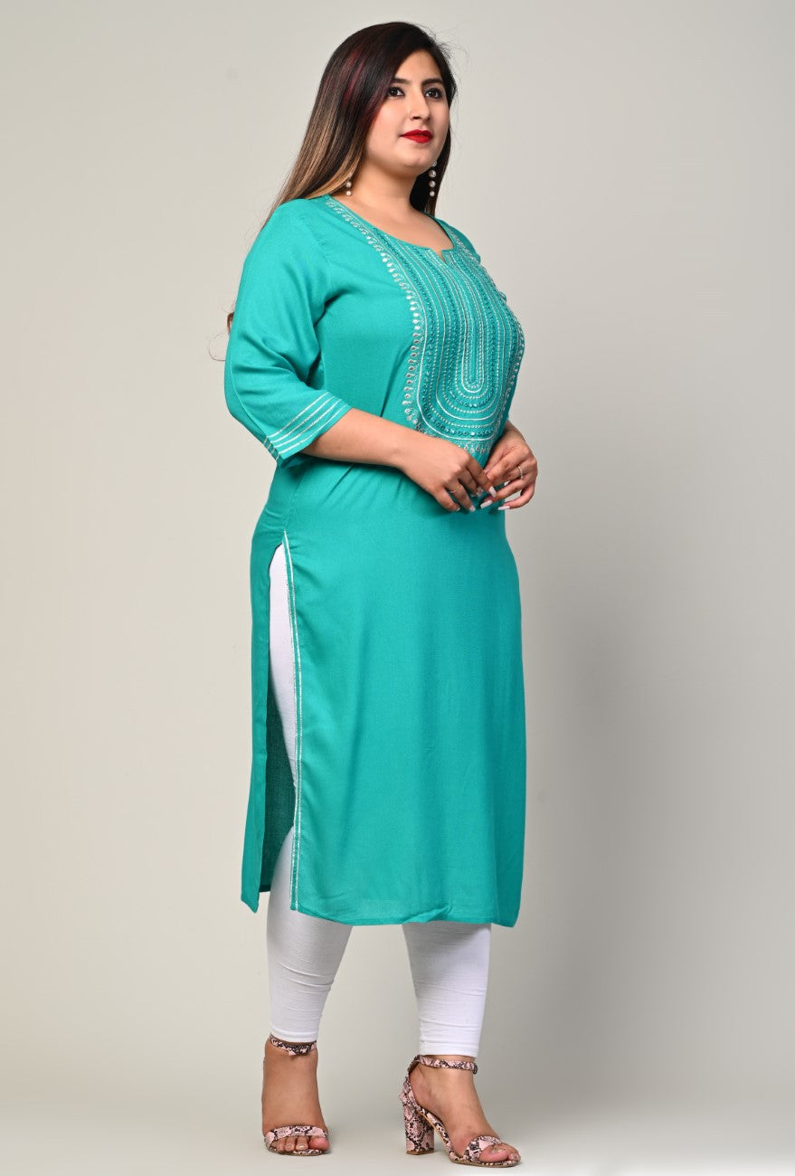 Plus Size Turquoise Cotton Blend  Embroidered Straight Kurta-246