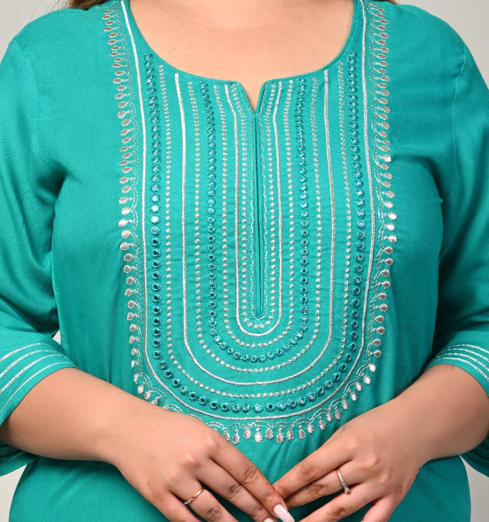 Plus Size Turquoise Cotton Blend  Embroidered Straight Kurta-246