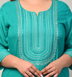 Plus Size Turquoise Cotton Blend  Embroidered Straight Kurta-246